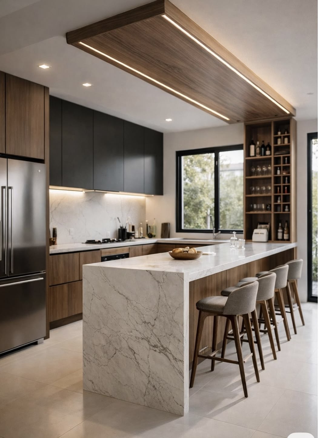 Modern renovated kitchen with marble island and integrated cabinetry