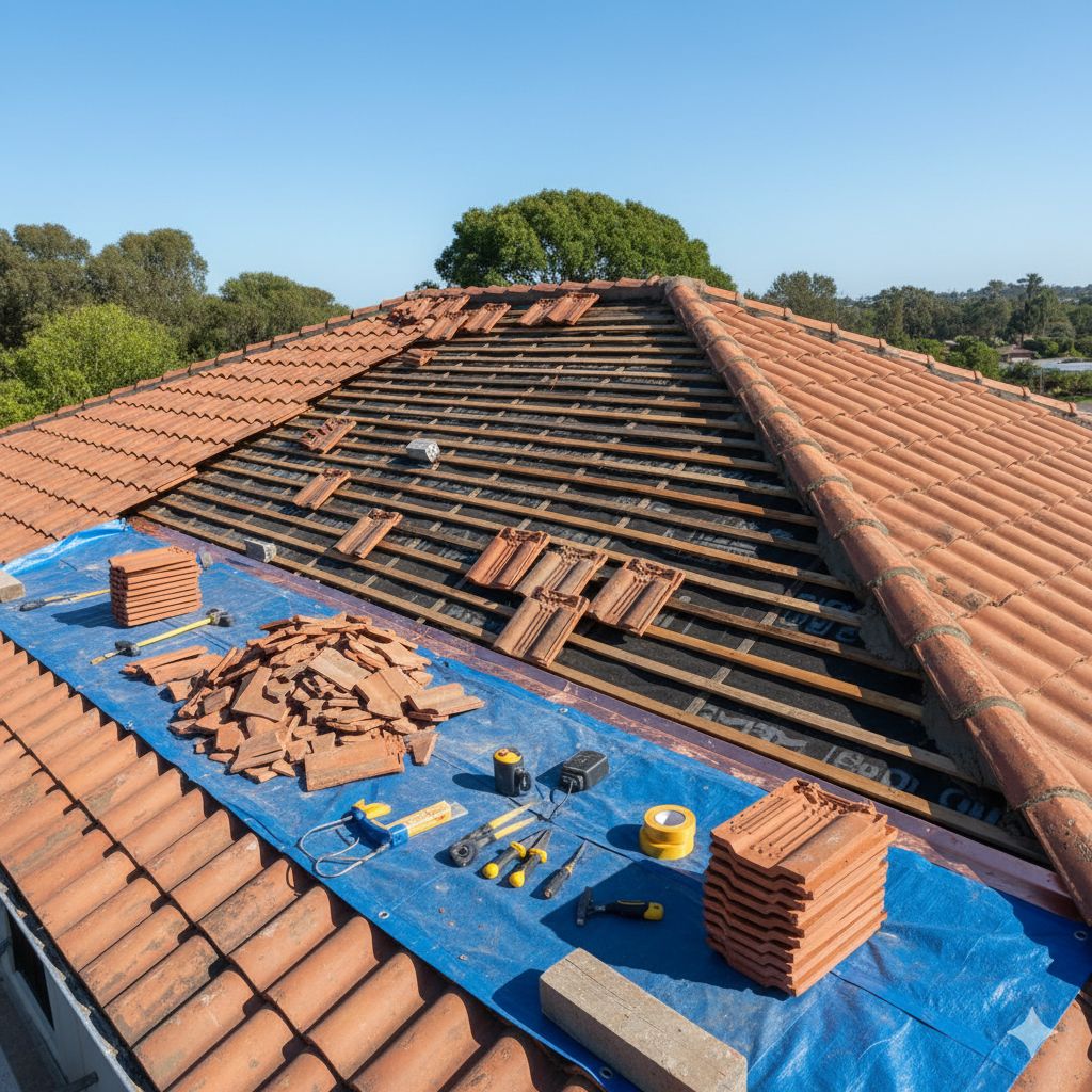 Roof tile repair in progress, tiles removed to access battens